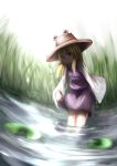  1girl baram blonde_hair dress hat lily_pad moriya_suwako partially_submerged skirt skirt_lift solo touhou water 