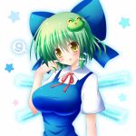  1girl :p blush cirno cirno_(cosplay) cosplay green_eyes green_hair hair_ornament ice kochiya_sanae onbashira osashin_(osada) solo tongue touhou 