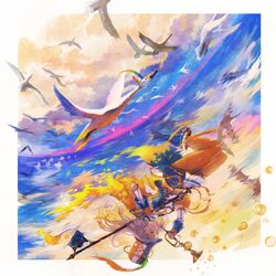  bird closed_eyes feathers flag goose hat highres instrument long_hair orange_juice original personification sakai_yoshikuni trumpet upside-down water 