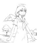  1girl angel_wings haibane_renmei halo messy_hair monochrome naotan rakka sailor_collar short_hair tree wings 