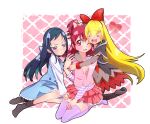  3girls =_= absurdres aida_mana bat_print blonde_hair blue_eyes bow braid casual cropped_jacket dokidoki!_precure hair_bow heart highres hishikawa_rikka hug hug_from_behind long_hair multiple_girls pantyhose pink_eyes pink_hair precure regina_(dokidoki!_precure) seiza sitting thigh-highs wink zettai_ryouiki 