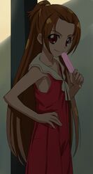  1girl armpits brown_hair dark dokidoki!_precure forehead half_updo hand_on_hip haruyama long_hair madoka_aguri popsicle precure red_eyes shadow sleeveless smile solo 