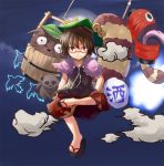  1girl animal_ears bell bird bow brown_eyes brown_hair bucket chouchin_obake cyclops full_moon futatsuiwa_mamizou glasses gourd hamakenn hat lantern leaf leaf_on_head moon one-eyed paper_lantern raccoon_ears raccoon_tail red-framed_glasses sandals smile smoke tail tanuki tongue touhou 