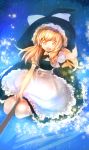  1girl apron black_dress blonde_hair bow broom broom_riding dress hand_on_hat hat hat_bow kirisame_marisa kozou_(soumuden) long_hair open_mouth puffy_sleeves shirt short_sleeves smile solo star touhou waist_apron witch_hat yellow_eyes 