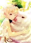  1girl bird blonde_hair blush chick dress flower head_wreath hug red_eyes sheep short_hair smile solo suzuran_nanaki 