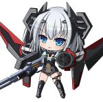  1girl aabb955086aabb armor backpack bag blue_eyes bodysuit breasts chibi cleavage date_a_live gun headgear highres short_hair silver_hair solo thigh_strap tobiichi_origami weapon white_background 