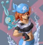  1girl bandana black_gloves evil_grin evil_smile gloves glowing glowing_eye grin holding holding_poke_ball manaphy midriff orange_hair poke_ball pokemon pokemon_(creature) pokemon_(game) pokemon_rse red_eyes smile team_aqua team_aqua_grunt turizao water 