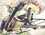  1girl electric_guitar guitar hair_ornament hairclip instrument kurobuta_gekkan leather_jacket long_hair microphone microphone_stand motion_blur original pants_under_skirt pixiv_punk_and_rock playing_instrument redhead singing skirt 