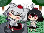  ! (seraeno) black_hair chibi closed_eyes heikouidou_(seraeno) inubashiri_momiji master_sword red_eyes shameimaru_aya silver_hair smile the_legend_of_zelda touhou wavy_mouth 