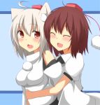  2girls animal_ears bare_shoulders blush breasts brown_hair closed_eyes commentary detached_sleeves hat hat_ribbon highres hug hug_from_behind inubashiri_momiji long_sleeves mii_(makosuke) multiple_girls open_mouth pink_eyes puffy_sleeves red_eyes ribbon shameimaru_aya shirt short_sleeves silver_hair smile tokin_hat touhou wide_sleeves wolf_ears 