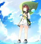  1girl airplane blush brown_eyes brown_hair clouds from_below imperial_japanese_navy kantai_collection open_mouth panties school_uniform serafuku short_hair sky solo underwear wading water yellow_eyes yukikaze_(kantai_collection) 