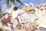 animal_ears black_eyes black_hair blonde_hair breasts brown_hair charlotte_e_yeager cleavage desert driving francesca_lucchini goggles goggles_on_head green_eyes grin gun hanna-justina_marseille head_wings helmet highres inagaki_mami jacket japanese_clothes katou_keiko long_hair machine_gun mg34 motor_vehicle motorcycle motorcycle_helmet palm_tree puuakachan rabbit_ears scarf short_hair smile strike_witches tail tree twintails uniform vehicle weapon 