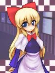  1girl apron blonde_hair blue_eyes border bow capelet checkered checkered_background dress hair_bow light_frown long_hair long_sleeves looking_at_viewer shanghai_doll solo touhou u-cha-py waist_apron window 