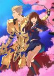  1boy 1girl armor blonde_hair brown_eyes brown_hair chain cherry_blossoms ea_(fate/stay_night) earrings fate/extra_ccc fate_(series) female_protagonist_(fate/extra) gilgamesh jewelry long_hair nanasi69 red_eyes school_uniform serafuku weapon 