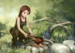  arm_wrap artist_name brown_eyes brown_hair campfire camping coffee_pot cooking dated kanokoga long_hair military military_uniform minna-dietlinde_wilcke skillet spoon strike_witches tank_top uniform wooden_spoon 