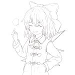  1girl ^_^ cirno closed_eyes coat contemporary grin hand_in_pocket highres kawashina_(momen_silicon) lineart monochrome smile snowball solo toggles touhou transparent_background winter_clothes 
