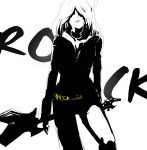  ahoge androgynous electric_guitar guitar hair_over_eyes highres huge_ahoge instrument kurororoku long_hair monochrome pixiv_punk_and_rock solo 