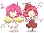  :o ahoge bird_wings camisole chibi closed_eyes crossover dress hands_on_own_chest hands_together harpy_(puyopuyo) hat jewelry kneehighs leg_up madou_monogatari mazume musical_note mystia_lorelei outstretched_arm pink_hair puyopuyo shadow short_hair simple_background singing single_earring skirt touhou white_background 