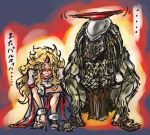  blonde_hair blush celtic_(predator) chain fishnets hairlocs helmet horn hoshiguma_yuugi judgemasterkou loincloth long_hair predator predator_(film) sakazuki sandals shirt simple_background skirt sulking touhou translation_request 