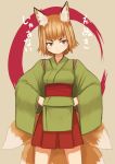  1girl animal_ears brown_eyes brown_hair fox_ears fox_tail hands_on_hips japanese_clothes multiple_tails nosuku original short_hair skirt solo tail translation_request 