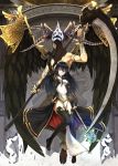  bare_shoulders black_hair fur mask niou_kaoru original red_eyes scythe staff tattoo thighhighs wings 