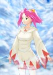  1girl bow earrings final_fantasy final_fantasy_v green_eyes hair_bow highres hood_down jewelry lenna_charlotte_tycoon marco_rosso necklace pink_hair robe short_hair short_ponytail solo white_mage 