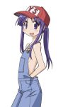  1girl :d flat_chest highres hinata_yukari long_hair naked_overalls open_mouth overalls purple_hair smile solo violet_eyes yuyushiki 