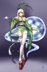  1girl adult alternate_costume asymmetrical_hair bare_shoulders between_breasts breasts bridal_gauntlets choker cleavage collarbone geta green_eyes hair_ribbon highres japanese_clothes jewelry katana kimono konpaku_youmu konpaku_youmu_(ghost) large_breasts leg_ribbon long_sleeves looking_at_viewer mound_of_venus no_bra no_panties obi pink_nails qingmingtongzi red_shoes ribbon sash shoes short_hair signature silver_hair single_earring solo sword thighhighs touhou walking weapon white_legwear wide_sleeves yukata zettai_ryouiki 