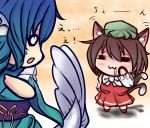  2girls :3 =_= animal_ears blue_hair bow brown_hair cat_ears cat_tail chen chibi dress drooling hat head_fins japanese_clothes kimono long_sleeves mermaid monster_girl multiple_girls multiple_tails o_o obi red_dress shirt tail touhou wakasagihime wide_sleeves ya-ya 
