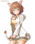  1girl :t animal_ears bell blue_eyes breasts brown_hair buttons cable cat_ears cowboy_shot dress hoodie large_breasts looking_at_viewer original ribbon short_hair simple_background solo ss39 standing tail white_background 