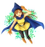  1girl alena boots brown_eyes brown_hair cape dragon_quest dragon_quest_iv dress earrings gloves hat jewelry long_hair open_mouth pantyhose segawa-a solo 