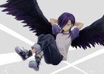 1boy hataraku_maou-sama! kubyou_azami long_hair lucifer_(hataraku_maou-sama!) purple_hair shoes simple_background smile sneakers solo t-shirt violet_eyes wings 
