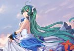  1girl 7th_dragon 7th_dragon_2020 blue_eyes dress flower green_hair hatsune_miku headphones highres kaka_cheung long_hair looking_back open_mouth skirt_hold solo twintails very_long_hair vocaloid 