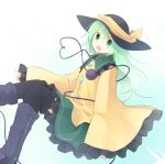  1girl black_legwear boots green_eyes green_hair hat kazeharu komeiji_koishi long_hair looking_at_viewer open_mouth short_hair skirt sleeves_past_wrists solo thigh-highs third_eye touhou wide_sleeves 