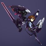  1girl blue_background bodysuit brown_hair clothed_navel cyborg green_eyes highres leg_up mecha_musume original robotic_arms robotic_legs short_hair skin_tight solo tomonao weapon 