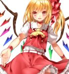  1girl black_legwear blonde_hair bow choker fang flandre_scarlet hair_bow kanzaki_maguro looking_at_viewer lowres open_mouth outstretched_arm outstretched_hand pink_hair pointy_ears puffy_sleeves shirt short_sleeves simple_background skirt skirt_set smile solo touhou vest white_background wings wrist_cuffs 