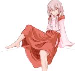  1girl alternate_costume barefoot blush detached_sleeves drawfag flat_chest guilty_crown japanese_clothes leg_lift light_smile long_hair long_skirt miko pink_hair red_eyes side_slit sitting skirt solo yuzuriha_inori 