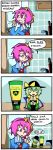  2girls 4koma comic dress finnish green_dress green_eyes green_hair kitchen komeiji_koishi komeiji_satori multiple_girls setz size_difference tagme touhou translated violet_eyes 