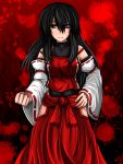  1girl black_hair breasts clenched_hand detached_sleeves foreshortening frown hakama_skirt hand_on_hip highres impossible_clothes impossible_leotard impossible_vest leotard long_hair looking_at_viewer m.u.g.e.n original red_background red_eyes sendai_hakurei_no_miko skirt skirt_set solo suikyou_(aqua_cities) touhou 