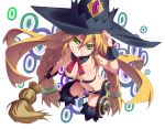  1girl blonde_hair breasts broom fangs green_eyes grin hat hayashi_custom long_hair majo_to_hyakkihei metallica_(swamp_witch) smile solo witch witch_hat 