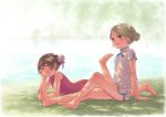  2girls barefoot blonde_hair brown_eyes brown_hair chinese_clothes double_bun feet grass legs lying multiple_girls on_stomach original sitting smile soles toes water 