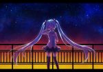  1girl asato727 blue_hair closed_eyes hand_on_own_chest hatsune_miku letterboxed long_hair necktie open_mouth skirt sky solo star_(sky) starry_sky thigh-highs twintails very_long_hair vocaloid 