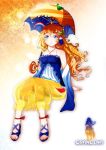  1girl blue_eyes capri_pants highres long_hair orange_hair orangina original sandals skirt smile solo toenail_polish 