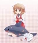  1girl animal bandages brown_eyes brown_hair first_aid first_aid_kit gradient gradient_background hidamari_sketch highres polka_dot polka_dot_background school_uniform shark sharkbro shirt short_hair sitting solo yuno 