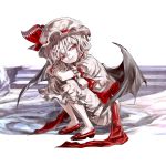  1girl bat_wings dress hat hat_ribbon kozou_(soumuden) puffy_sleeves red_eyes red_shoes remilia_scarlet ribbon sash shoes short_sleeves silver_hair solo squatting touhou white_dress wings wrist_cuffs 