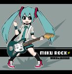  1girl alternate_costume aqua_eyes aqua_hair electric_guitar green_nails guitar hair_ornament hatsune_miku instrument letterboxed long_hair miniskirt nail_polish necktie open_mouth pigeon-toed pleated_skirt skirt socks solo toman_rock twintails very_long_hair vocaloid wristband 