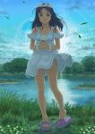  1girl angel blue_hair character_request clouds clover copyright_request dress flower green_eyes leaf long_hair nature ponkotu-px sandals skirt sky smile solo water wings 