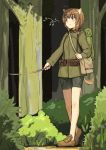  1girl ahoge animal_ears backpack bag belt blush brown_eyes brown_hair hiking inufusa_yuno military military_uniform musical_note pouches shiba_murashouji short_hair shorts solo stick strike_witches tail tree uniform 