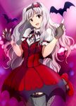  1girl araburu-hinadori bat brooch fang fingerless_gloves gloves hair_ornament hairband highres idolmaster jewelry long_hair open_mouth puffy_sleeves red_eyes shijou_takane short_sleeves silver_hair solo very_long_hair 