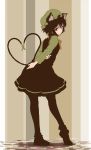  1girl animal_ears arms_behind_back brown_eyes brown_hair cat_ears cat_tail chen hat heart heart_tail highres jewelry kachayori looking_back multiple_tails pantyhose shoes short_hair single_earring smile solo striped striped_background tail touhou 